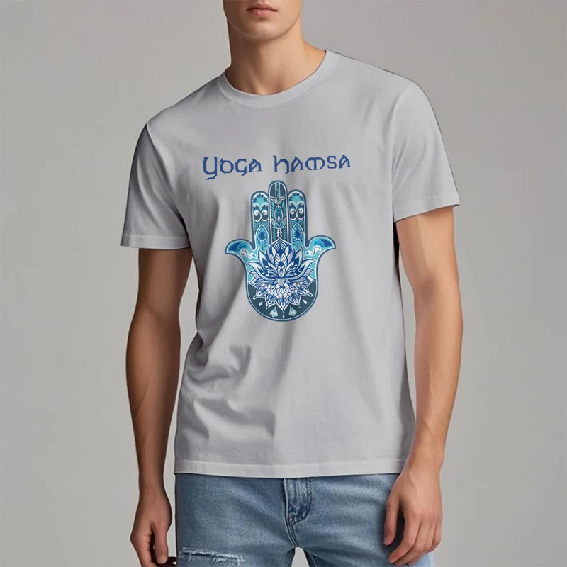Olivenorma – Bequemes T-Shirt mit Yoga-Hamsa-Print, Blau