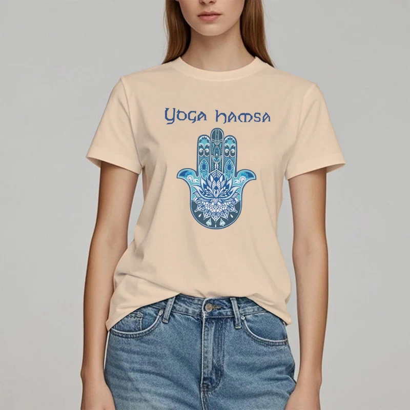 Olivenorma – Bequemes T-Shirt mit Yoga-Hamsa-Print, Blau