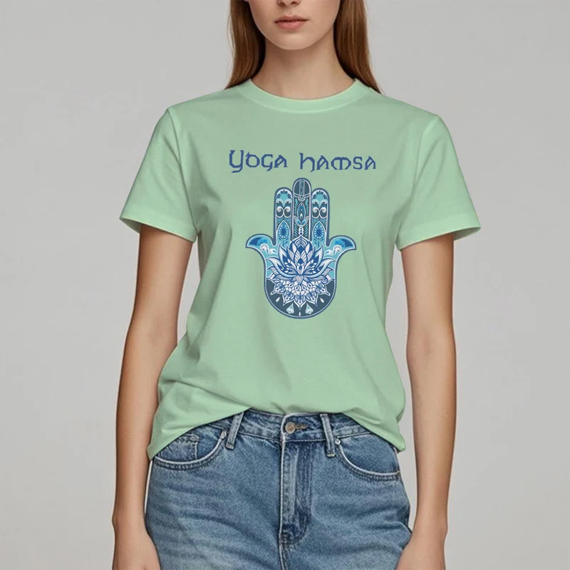 Olivenorma – Bequemes T-Shirt mit Yoga-Hamsa-Print, Blau