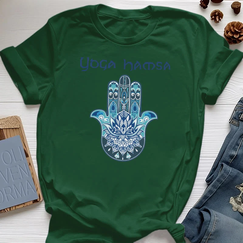 Olivenorma – Bequemes T-Shirt mit Yoga-Hamsa-Print, Blau