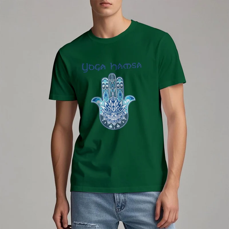 Olivenorma – Bequemes T-Shirt mit Yoga-Hamsa-Print, Blau