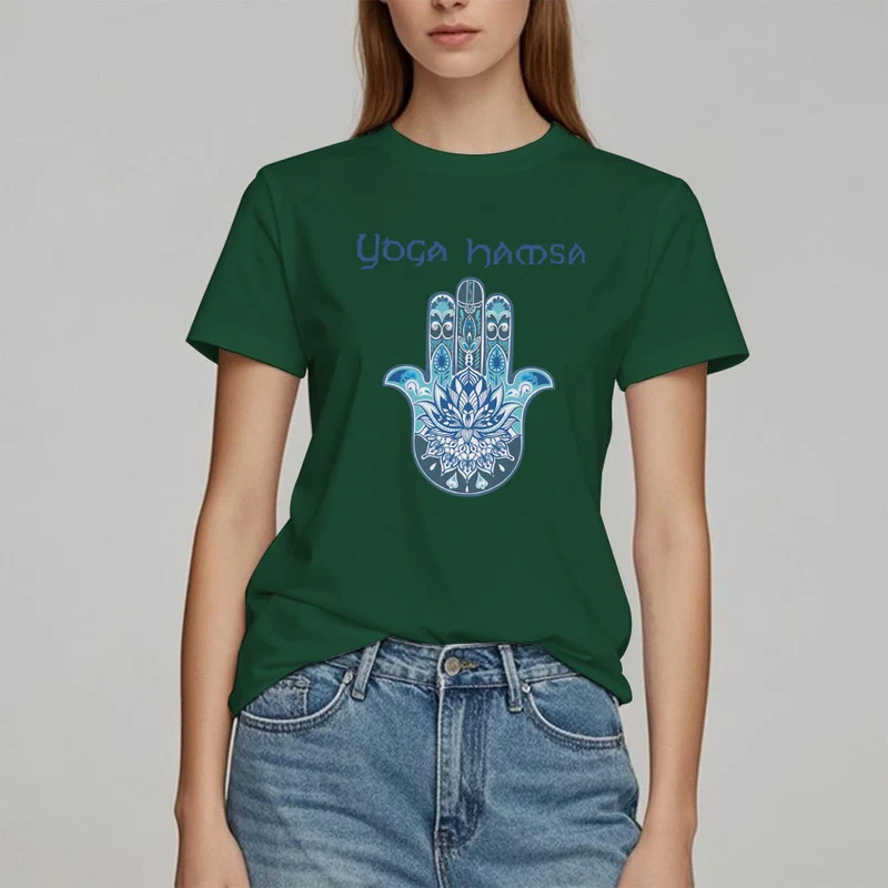 Olivenorma – Bequemes T-Shirt mit Yoga-Hamsa-Print, Blau