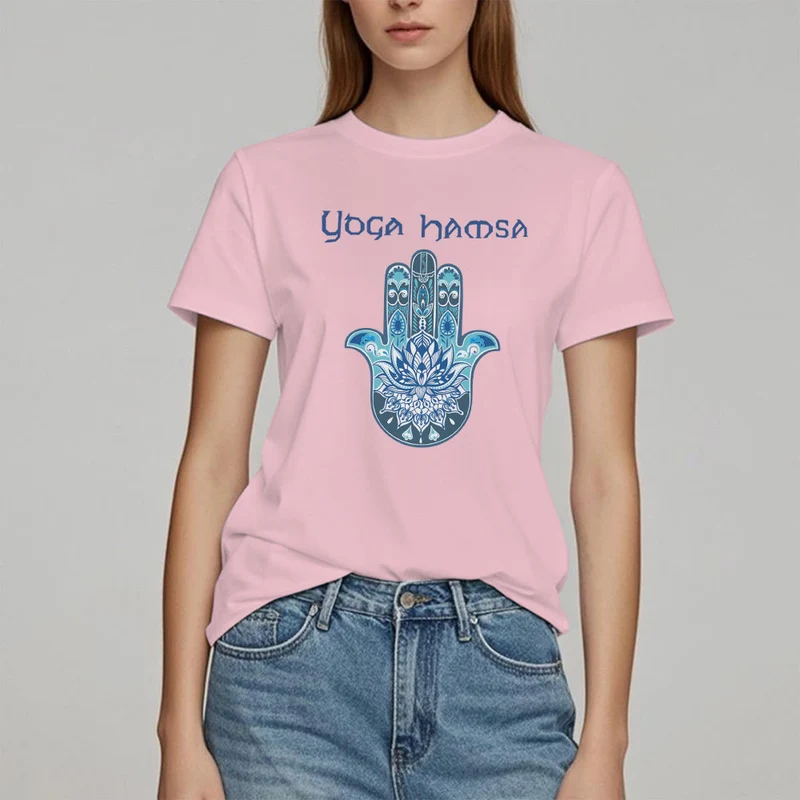 Olivenorma – Bequemes T-Shirt mit Yoga-Hamsa-Print, Blau