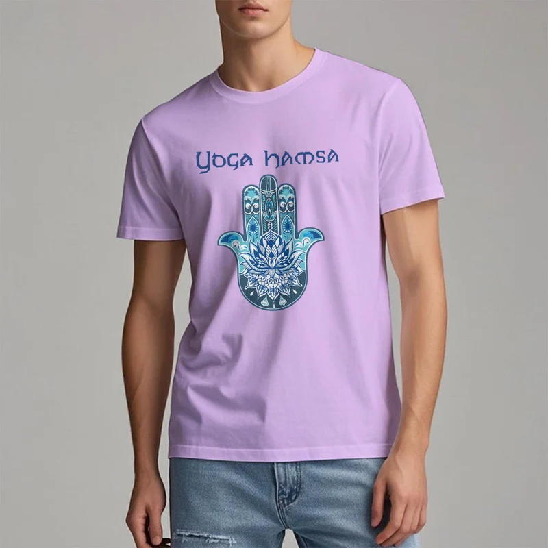 Olivenorma – Bequemes T-Shirt mit Yoga-Hamsa-Print, Blau