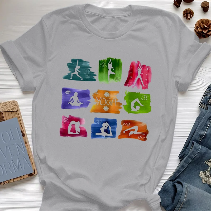 Olivenorma Yoga Posen Bunter Druck T-Shirt