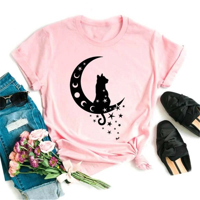 Olivenorma Polyester T-Shirt mit schwarzem Mond-Lotus-Aufdruck in Rosa