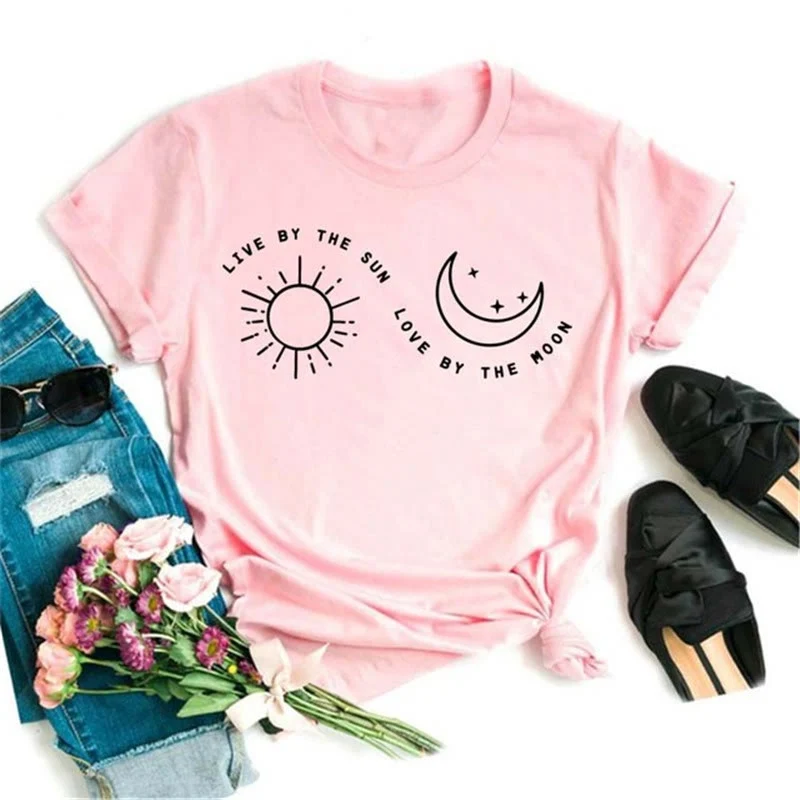 Olivenorma Polyester T-Shirt mit schwarzem Mond-Lotus-Aufdruck in Rosa