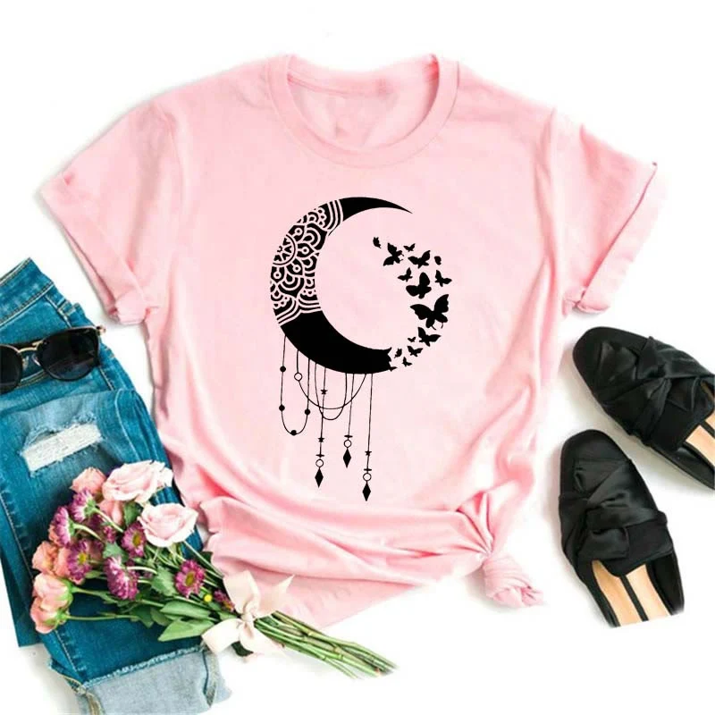 Olivenorma Polyester T-Shirt mit schwarzem Mond-Lotus-Aufdruck in Rosa