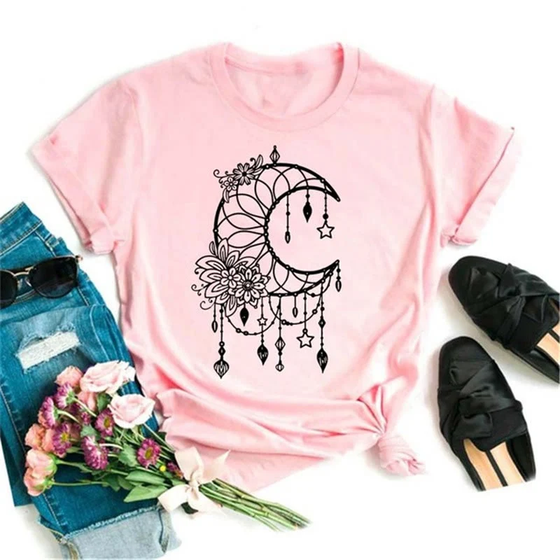 Olivenorma Polyester T-Shirt mit schwarzem Mond-Lotus-Aufdruck in Rosa