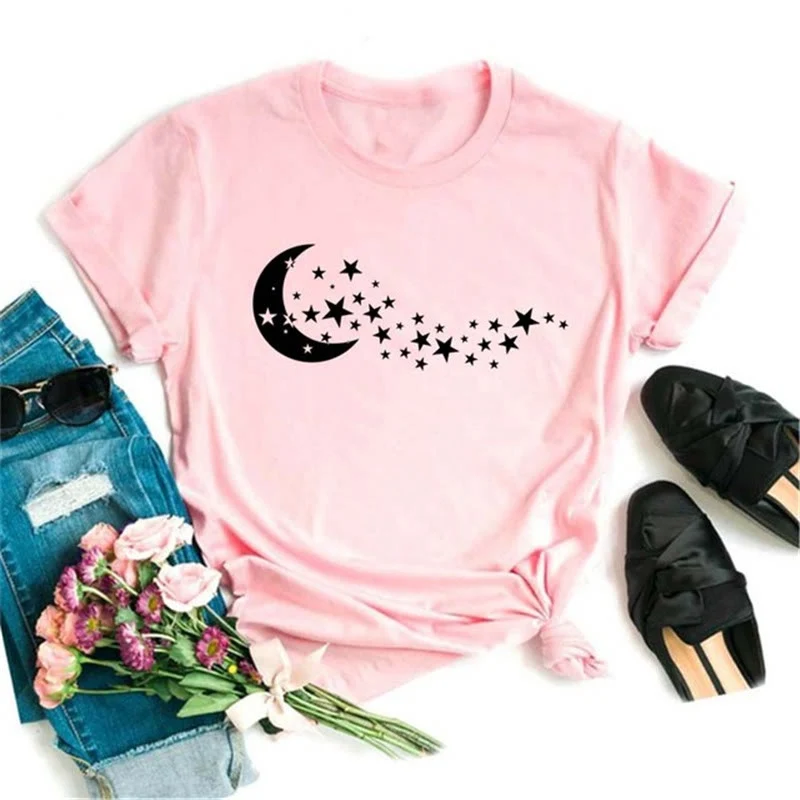 Olivenorma Polyester T-Shirt mit schwarzem Mond-Lotus-Aufdruck in Rosa