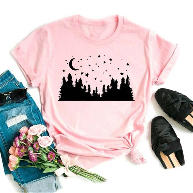 Olivenorma Polyester T-Shirt mit schwarzem Mond-Lotus-Aufdruck in Rosa