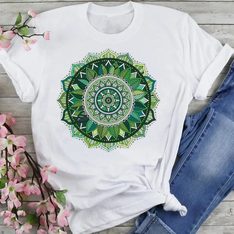 Olivenorma T-Shirt aus Baumwolle mit buntem Lotus-Elefanten-Aufdruck