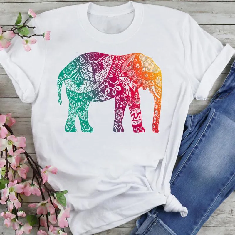 Olivenorma T-Shirt aus Baumwolle mit buntem Lotus-Elefanten-Aufdruck