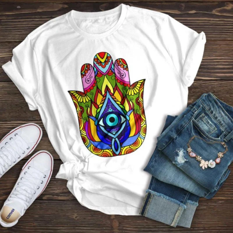 Olivenorma T-Shirt aus Baumwolle mit Hamsa-Böse-Augen-Aufdruck