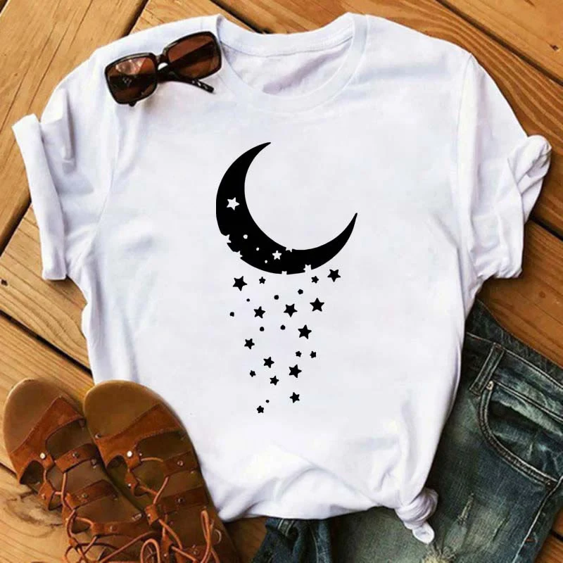 Olivenorma T-Shirt aus Baumwolle mit Mond- und Schmetterlingsdruck