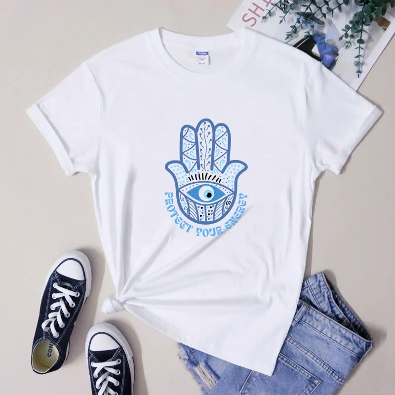 Olivenorma T-Shirt mit Aufdruck „Böser Blick“ und Hamsa