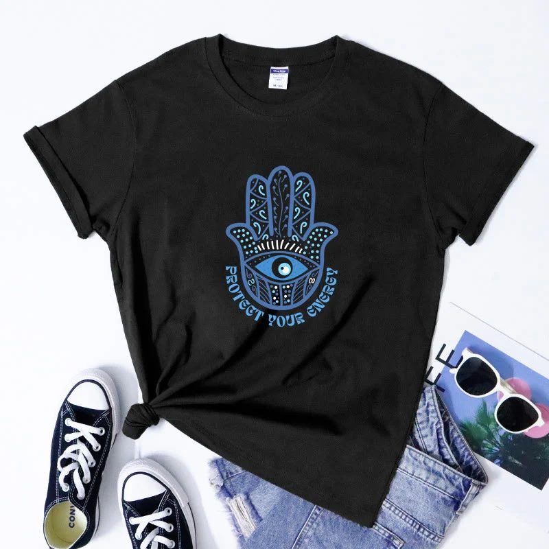 Olivenorma T-Shirt mit Aufdruck „Böser Blick“ und Hamsa
