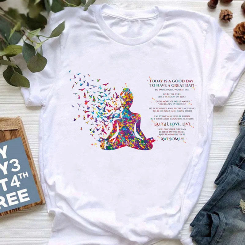 Olivenorma T-Shirt mit farbenfrohem Buddha-Meditations-Yoga-Aufdruck