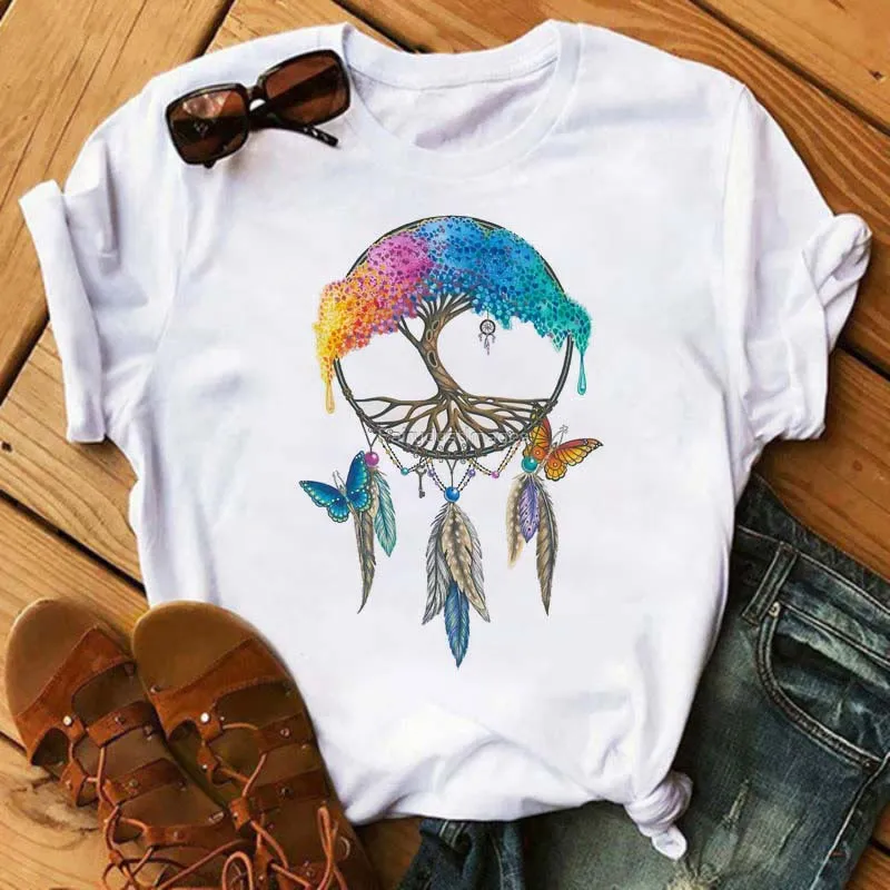 Olivenorma T-Shirt aus Baumwolle mit „Dreamcatcher Tree of Life“-Print