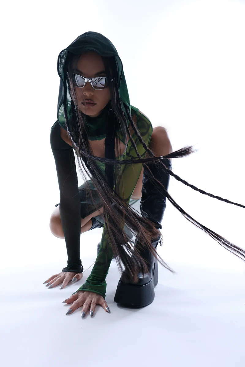 Acid Rain Mesh Hooded Dress
