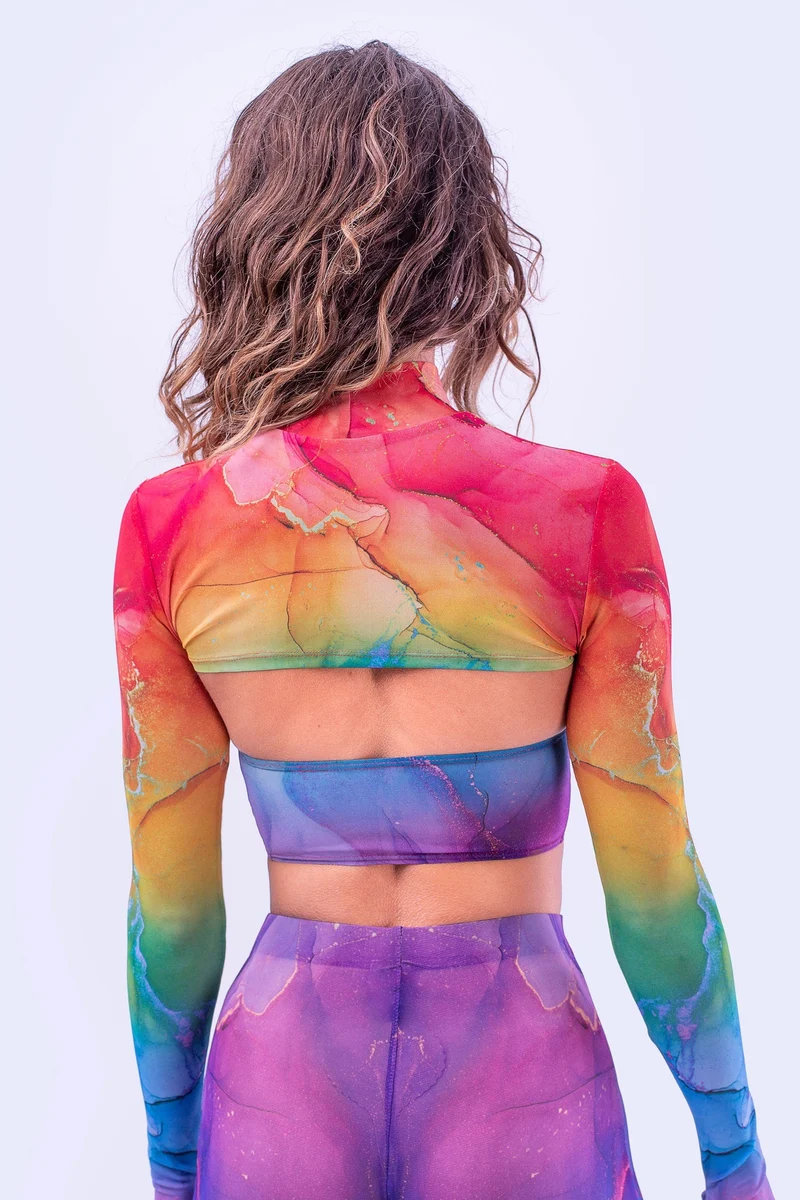Rainbow Marble Sleeved Crossed Mesh Top