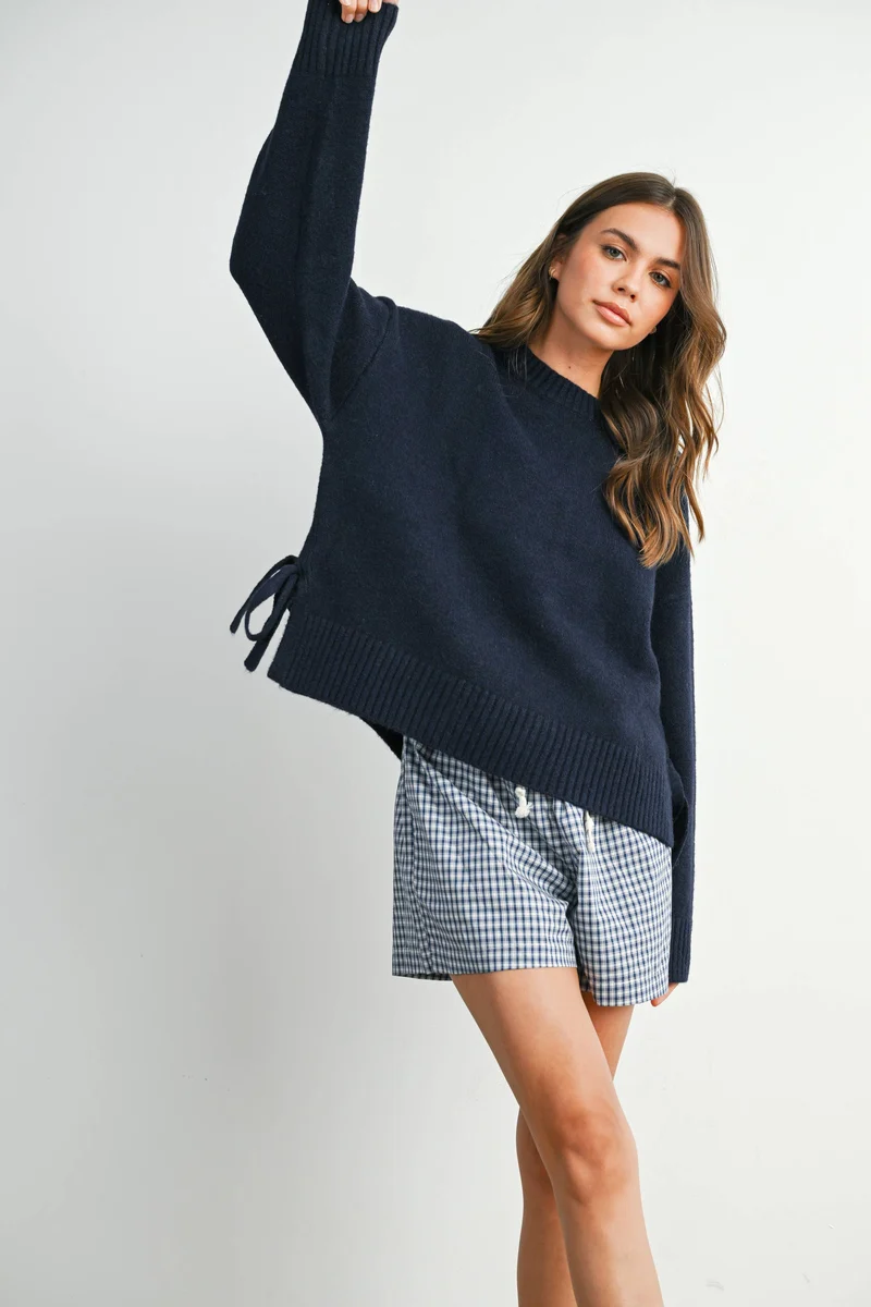 Tie Split-Hem Crewneck Long Sleeve Top