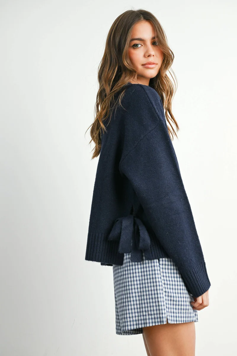 Tie Split-Hem Crewneck Long Sleeve Top