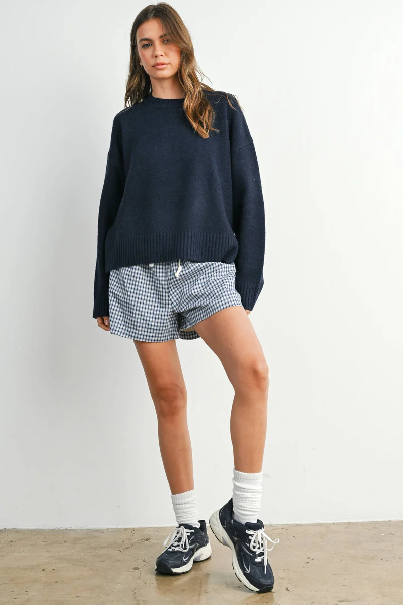 Tie Split-Hem Crewneck Long Sleeve Top
