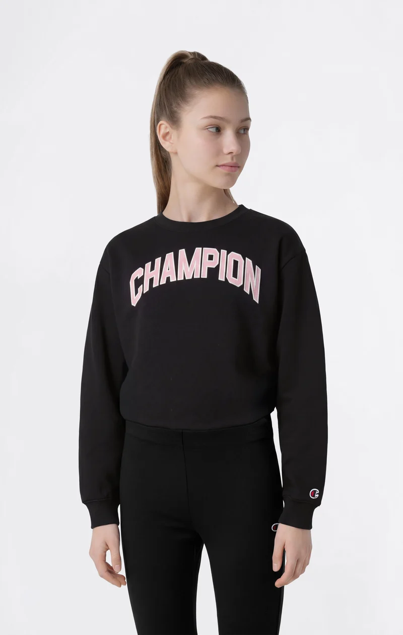 Girls' Crew Neck Tracksuit with Logo, Flared Trousers and Brushed Inside