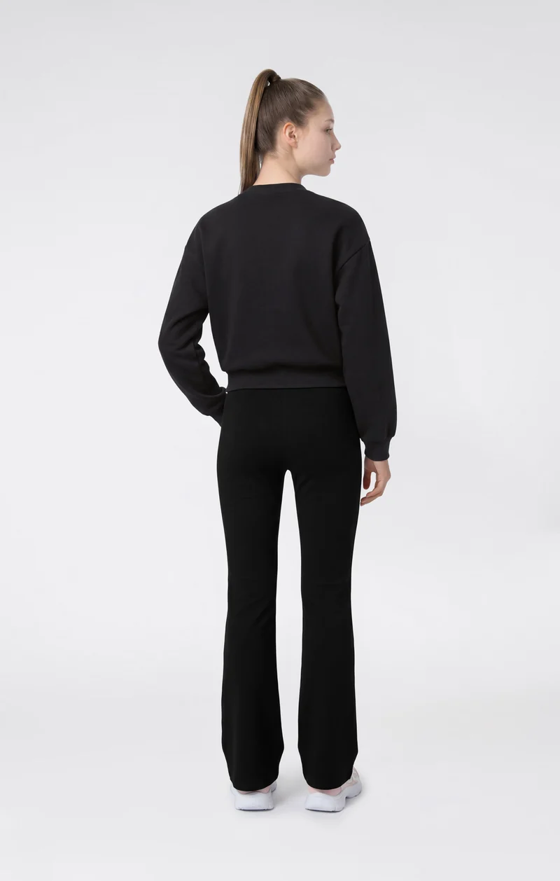 Girls' Crew Neck Tracksuit with Logo, Flared Trousers and Brushed Inside