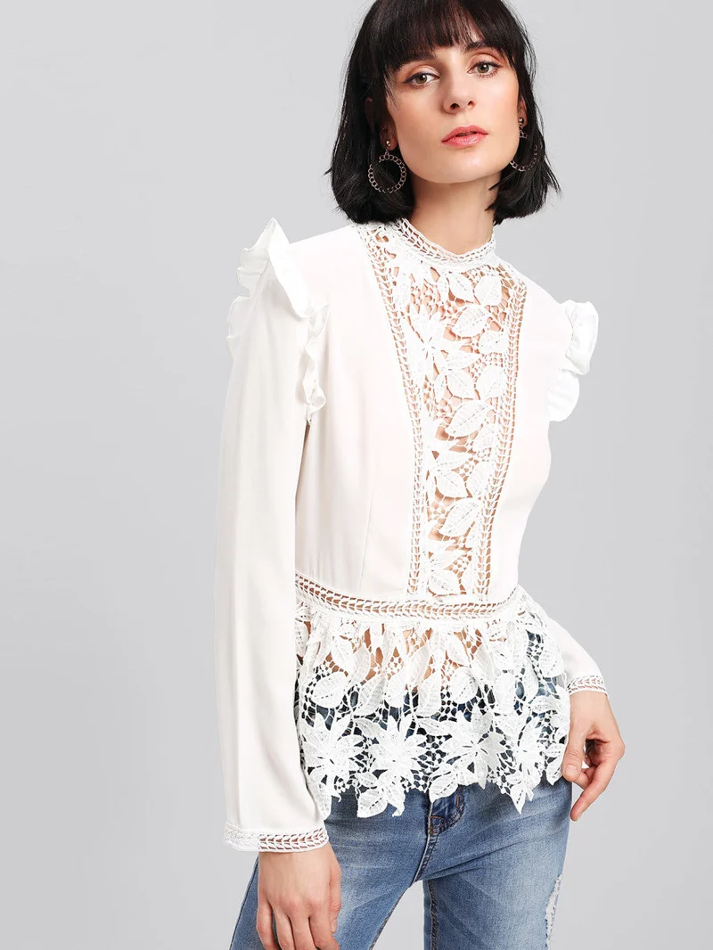 Frilled Shoulder Lace Insert Peplum Top