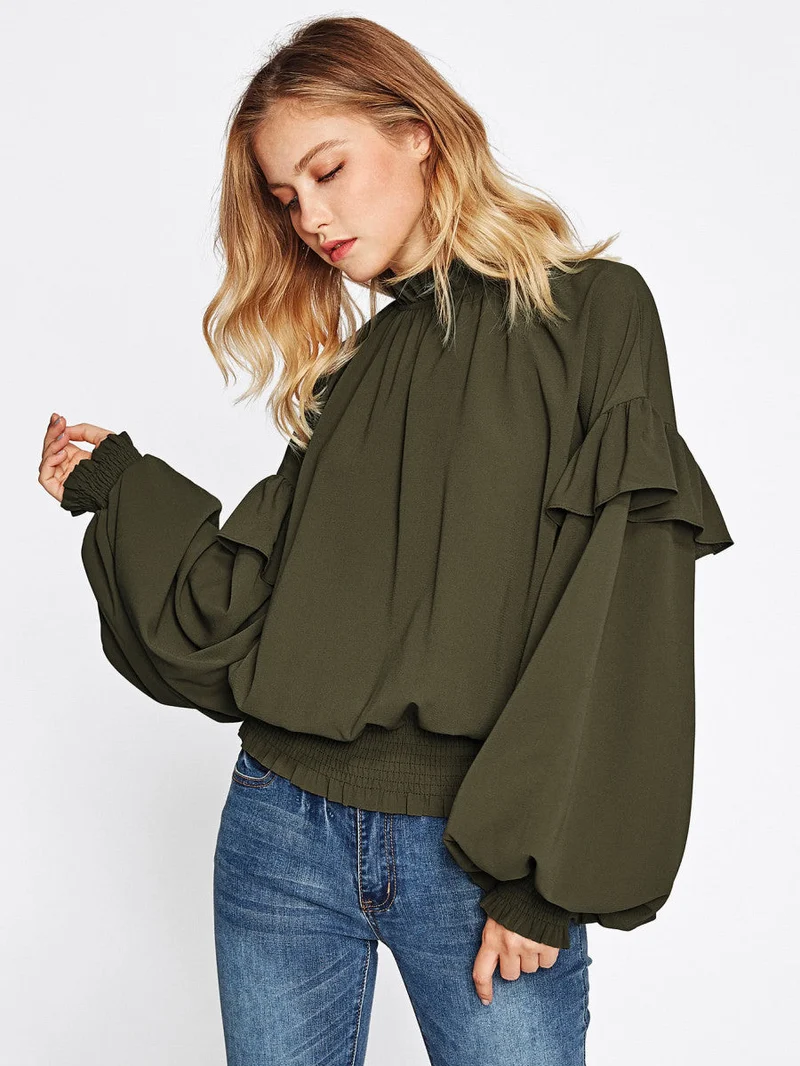 Frill Trim Bishop Sleeve Smocked Hem Blouse