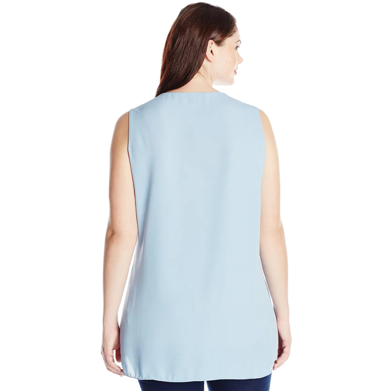 Vince Camuto Women's Plus Size Sleeveless V Neck Blouse with Asymmetrical Ruffle