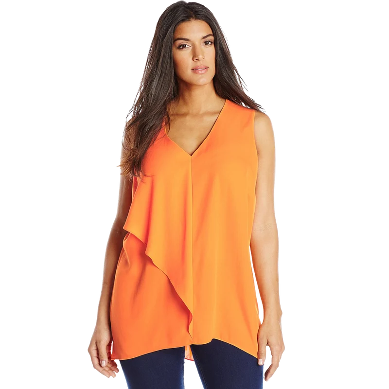 Vince Camuto Women's Plus Size Sleeveless V Neck Blouse with Asymmetrical Ruffle