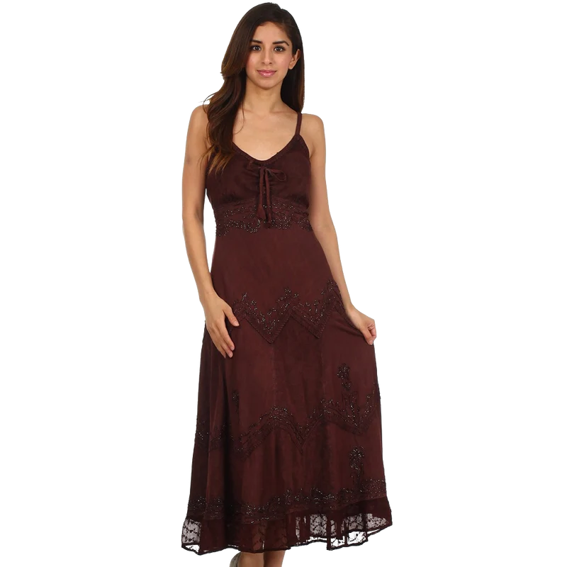 Sakkas Stonewashed Rayon Embroidered Adjustable Spaghetti Straps Long Dress