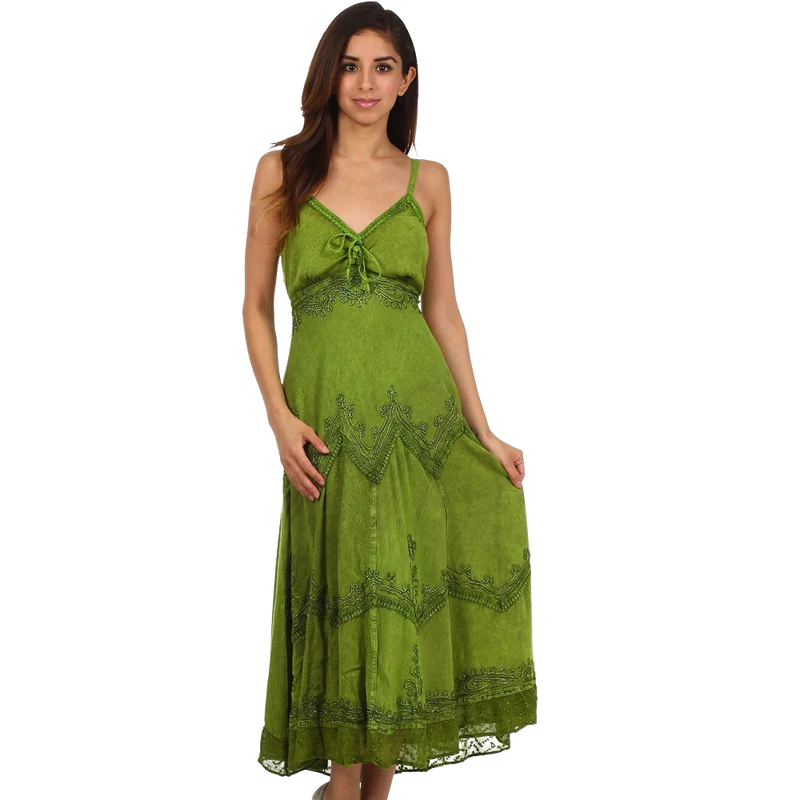 Sakkas Stonewashed Rayon Embroidered Adjustable Spaghetti Straps Long Dress