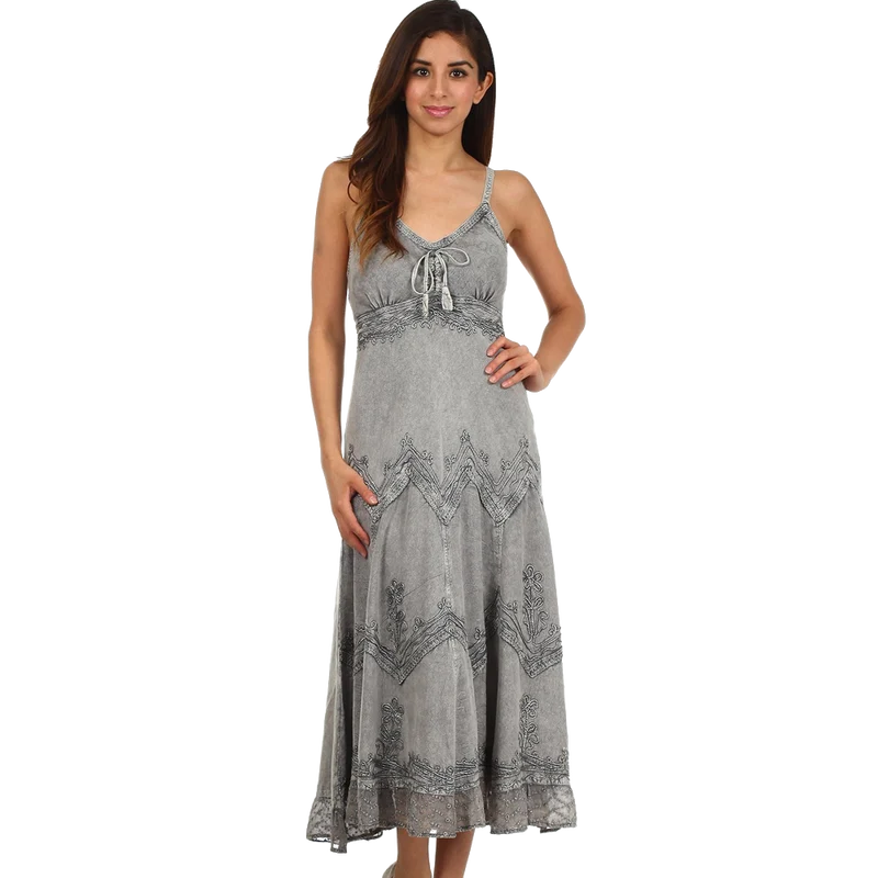 Sakkas Stonewashed Rayon Embroidered Adjustable Spaghetti Straps Long Dress