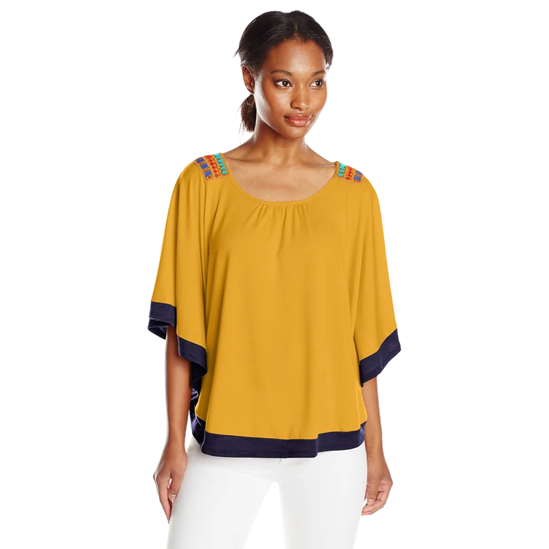 NY Collection Women's Elbow Length Scoop Neck Poncho with Crochet At Back