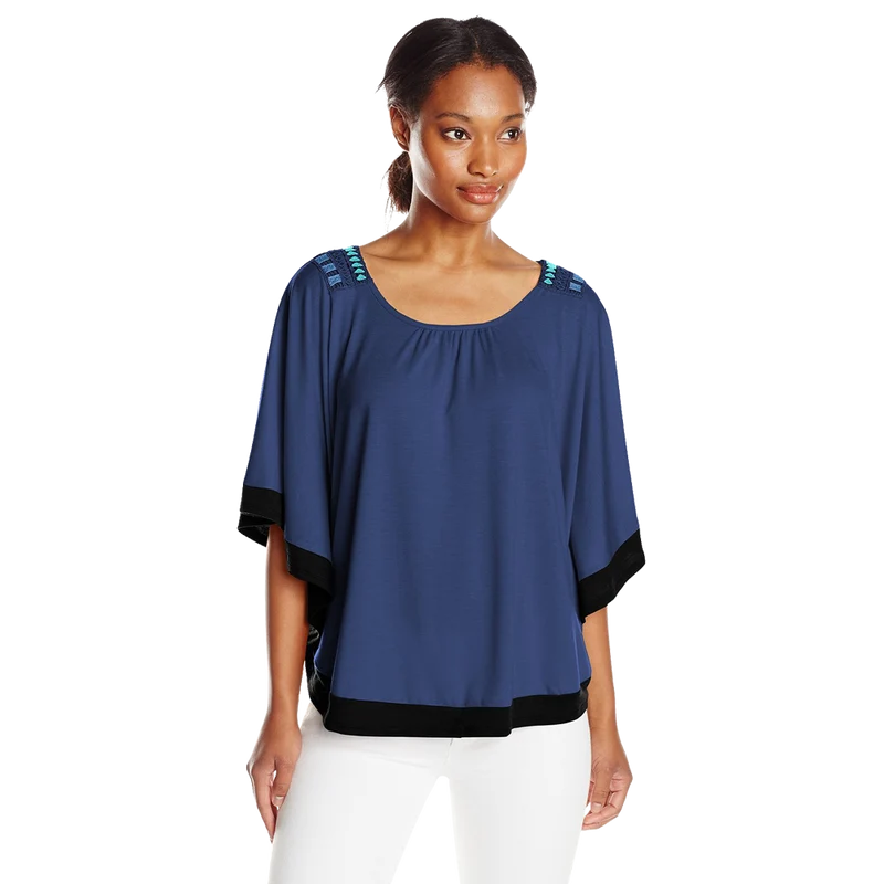 NY Collection Women's Elbow Length Scoop Neck Poncho with Crochet At Back