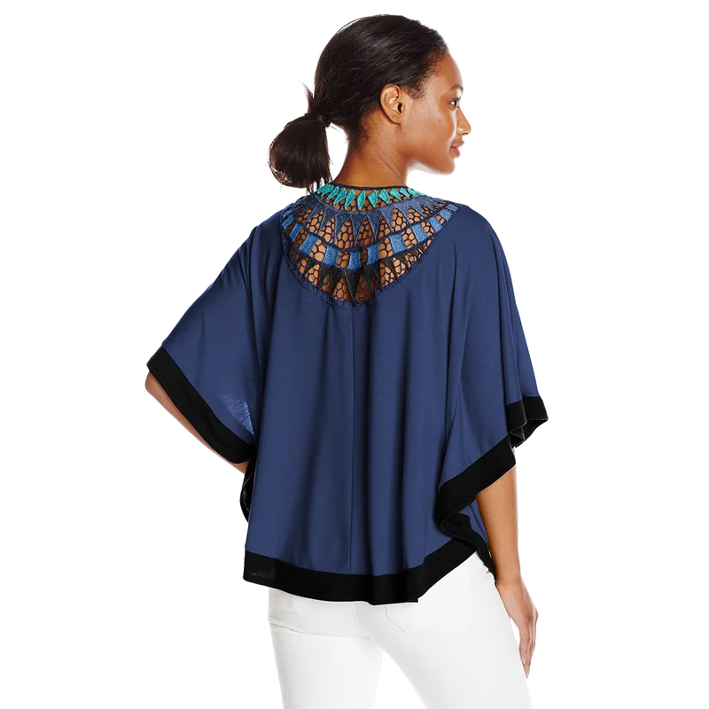 NY Collection Women's Elbow Length Scoop Neck Poncho with Crochet At Back