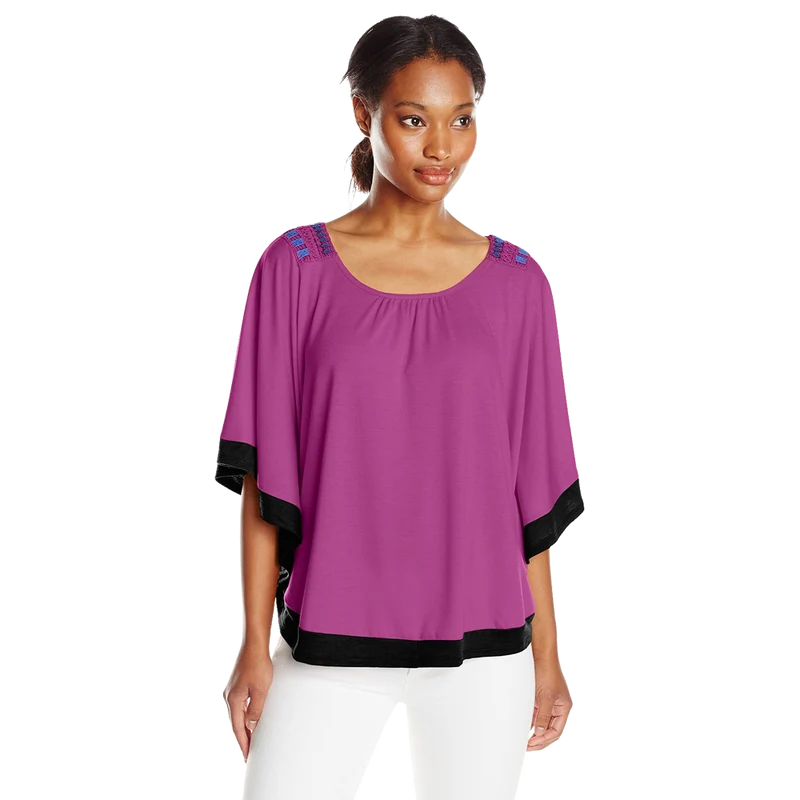 NY Collection Women's Elbow Length Scoop Neck Poncho with Crochet At Back