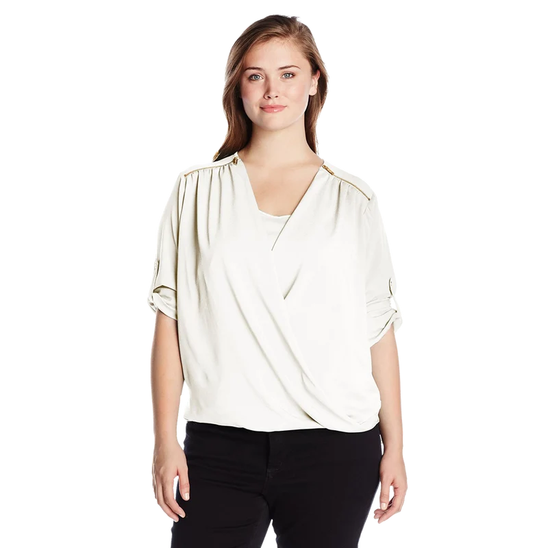 Calvin Klein Women's Plus Size V Neck Draped Roll Sleeve Top Blouse
