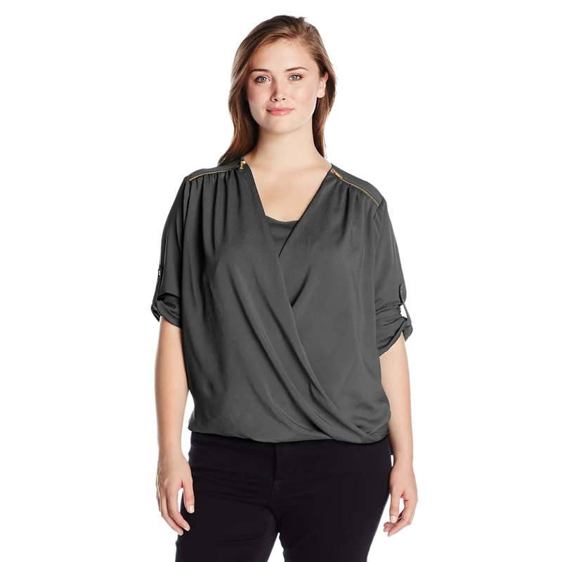 Calvin Klein Women's Plus Size V Neck Draped Roll Sleeve Top Blouse