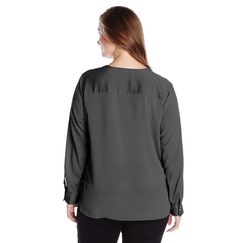 Calvin Klein Women's Plus Size V Neck Draped Roll Sleeve Top Blouse