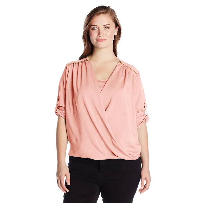 Calvin Klein Women's Plus Size V Neck Draped Roll Sleeve Top Blouse