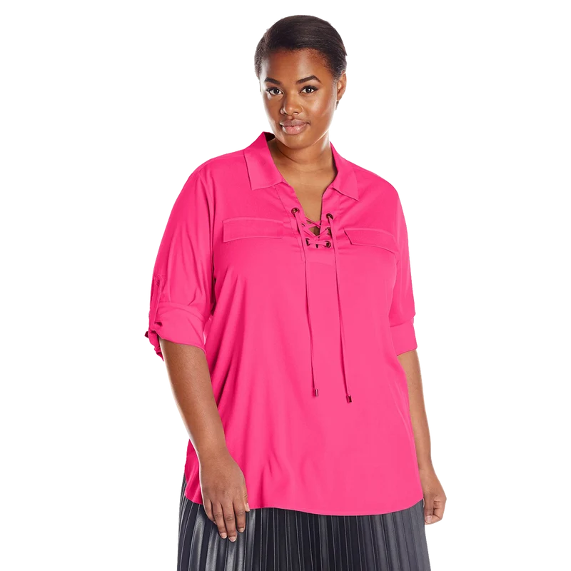 Calvin Klein Women's Lace Up Top with Collar